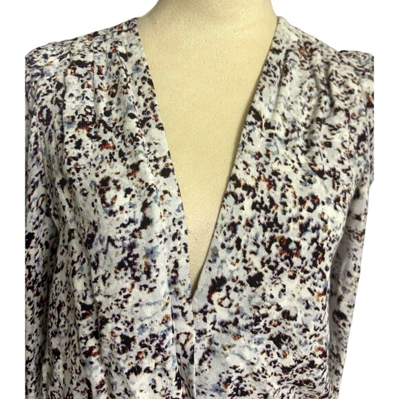 AFRM Bodysuit Puffed Ruched Sleeves Plunged Overlap V Neck Abstract Sz M - Picture 2 of 10